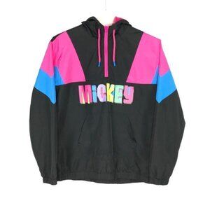 Vintage Disney S/M Quarter Zip Hoodie Windbreaker Mickey Mouse Pink Black Neon